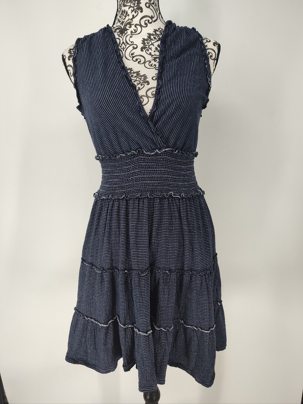 Max Studio Navy Blue Sleeveless V-Neck Tiered Dress Women's Large